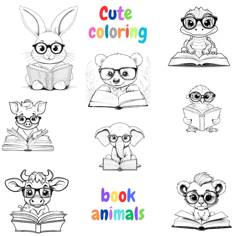 May include: Black and white line art illustration of various animals wearing glasses and reading books. The animals include a rabbit, bear, pig, elephant, cow, lion, and a crocodile. The text "Cute coloring" and "book animals" is included in the image.