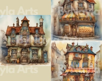 20 jpgs, colorful quirky buildings, waterpainted, colorful fantasy, fantasy buildings, delightful colors, mixed media, high quality jpgs