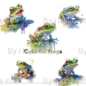 May include: Four watercolor paintings of green frogs with yellow eyes. The frogs are painted in a realistic style with vibrant colors and details. The frogs are sitting on a green leaf or branch.
