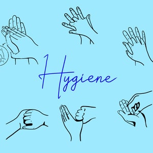 Könnte beinhalten: Eine Schwarzweißillustration von Händen, die die richtige Handwaschtechnik demonstrieren. Die Illustration befindet sich auf einem hellblauen Hintergrund mit dem Wort "Hygiene" in blauer Kursivschrift.