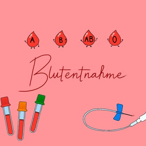 Könnte beinhalten: Illustration der Blutgruppen A, B, AB und O mit dem Wort "Blutentnahme". Es gibt auch drei Reagenzgläser mit roter Flüssigkeit und eine blaue Butterfly-Nadel.