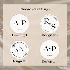May include: Four different designs for a personalized wedding or anniversary sticker. The designs feature a couple's initials and wedding date. Design 1 features the initials "A" and "P" separated by a vertical line. Design 2 features the initials "R" and "S" with an ampersand between them and a small floral design. Design 3 features the initials "S" and "M" with an ampersand between them and a floral design around the initials. Design 4 features the initials "A" and "P" with a heart between them.