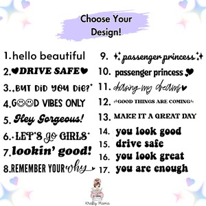 May include: A white background features a list of phrases in black text, such as "Hello Beautiful," "Drive Safe," and "Good Vibes Only." The words are options for a design. The image includes a logo for "Krafty Mama."
