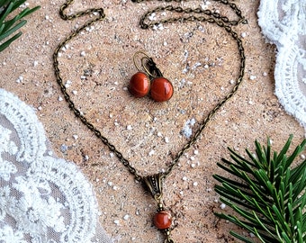 Parure Vintage Collier Et Bracelet En Pierre - Ambre, Jaspe Rouge, Corail - Occasion
