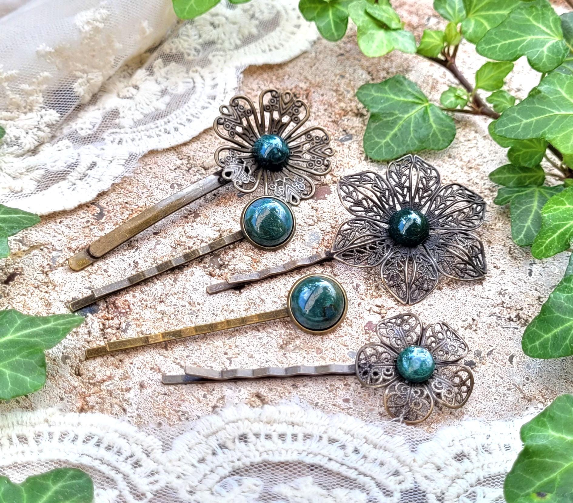 Lot 3 Antique Vintage hair clips barrettes semi precious  display picture 1