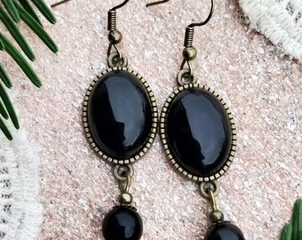 Boucles D'oreilles Anciennes En Agate Noire Cabochon - Occasion, Style Pendantes Dormeuses