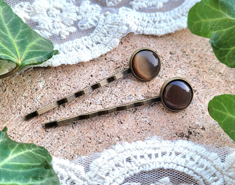 9 Farbvariationen Haarklemmen in antik Bronze mit 12mm Cateye-Cabochon im 2er Set Bild 10