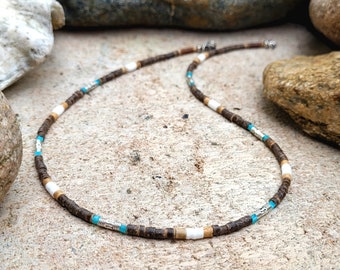 2 colors! Surfer necklace "LIAM" made of wood and coconut beads with white, blue and antique silver accents