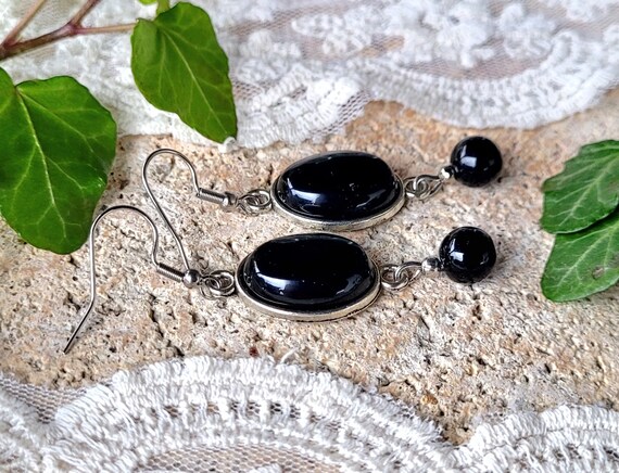 Boucles D'oreilles Anciennes En Agate Véritable - Cabochon Noir - Fermoir Dormeuse