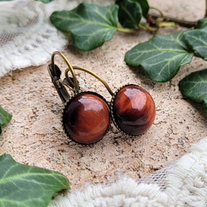 May include: A pair of bronze hoop earrings with red tiger's eye stone cabochons. The earrings have a simple design and are perfect for everyday wear.