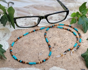Brillenkette aus braunen Holzperlen und türkisfarbenen Rocaillesperlen