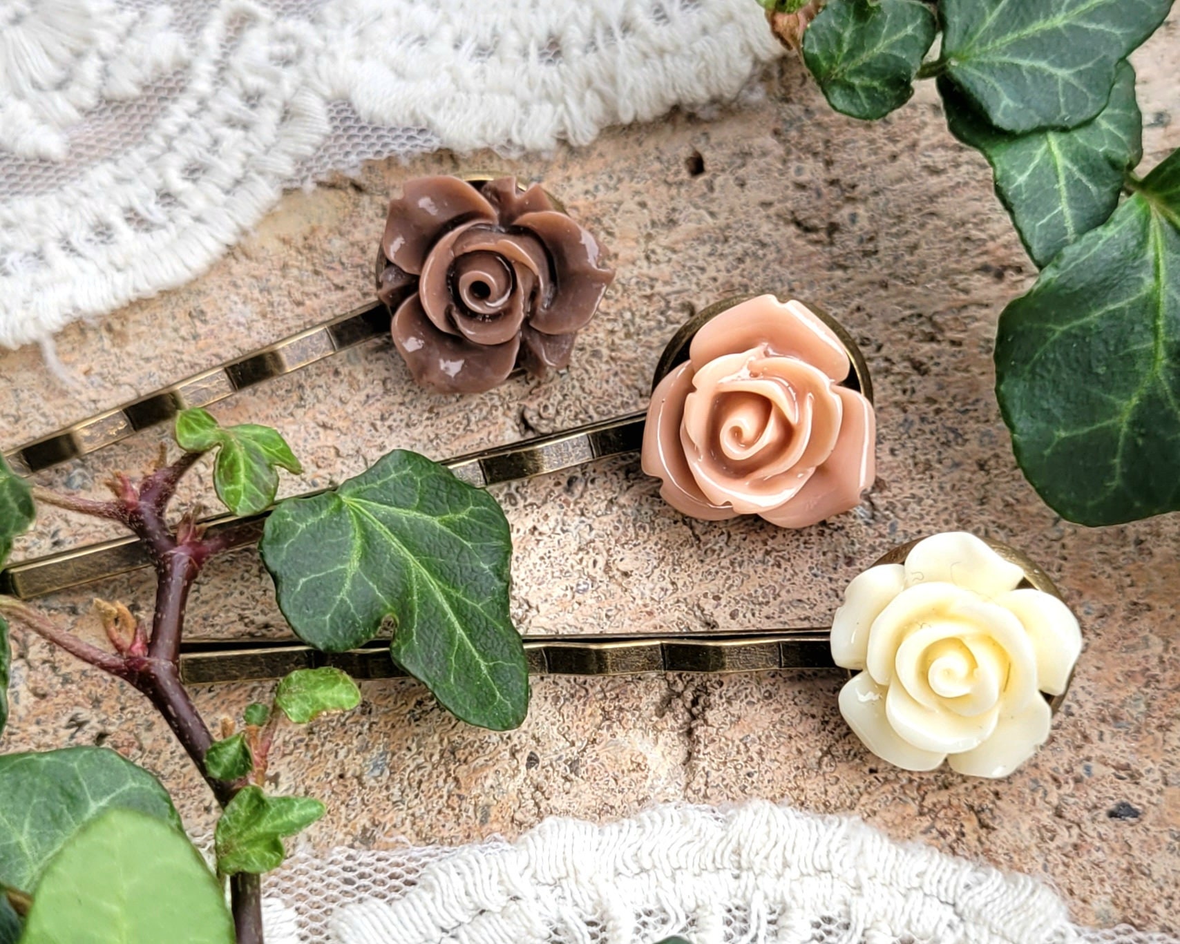 antiqua風　vintage調　手染めローズヘアークリップ ヘアクリップセット「ヴィンテージローズ」様々なカラーバリエーション