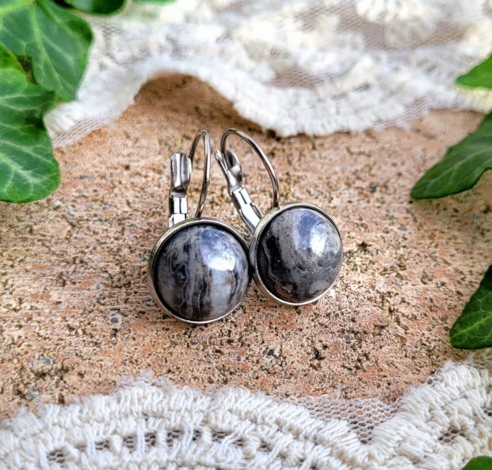 Boucles D'oreilles Pendantes 5 Cm - Acier Inoxydable & Pierres Semi-précieuses, Blanches/vertes - Neuf Sans Emballage