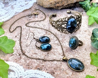 Vintage Schmuckset in antik Bronze mit Halbedelstein-Cabochons "MOOSACHAT" in dunkelgrün/durchscheinend