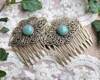 10 color variations! Set of 2 hair combs made of brass in antique bronze with various gemstone cabochons