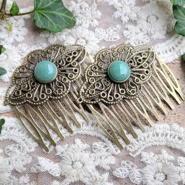 10 color variations! Set of 2 hair combs made of brass in antique bronze with various gemstone cabochons