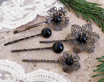 Vintage hair clips with gemstone "Black Agate" in antique bronze