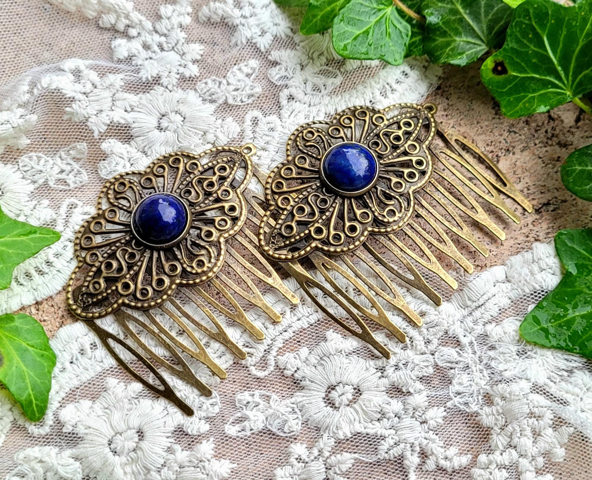 Elegant Vintage Gold and Blue Labradorite Hair Comb Labradorite Sterling Silver Hair Comb | Something Blue  main image 4