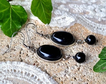 Boucles D'oreilles Anciennes En Agate Noire Cabochon - Style Pendantes Dormeuses - Occasion