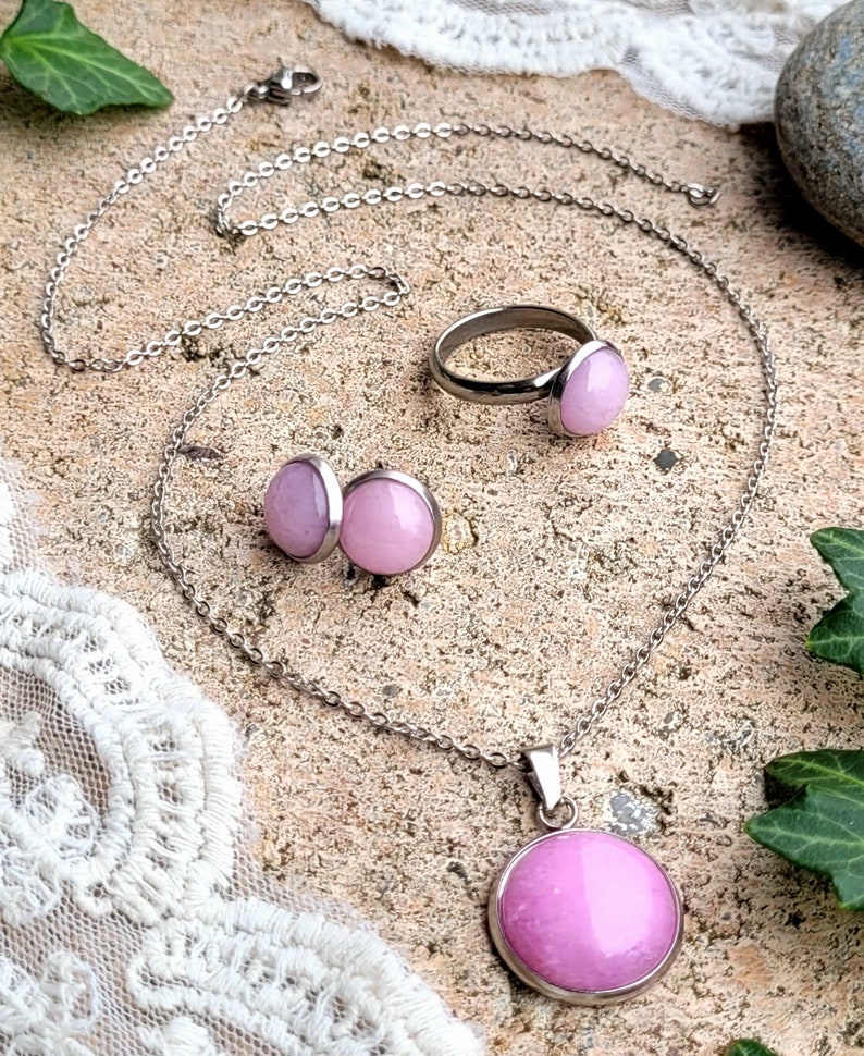 Edelstahl-Schmuckset mit Halbedelstein Jade in rosa Bild 2