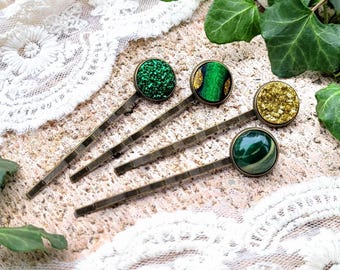 グリーンとゴールドのトーンのヘアクリップセット、ヘアジュエリー
