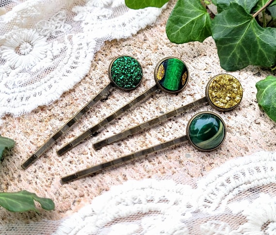 グリーンとゴールドのトーンのヘアクリップセット、ヘアジュエリー