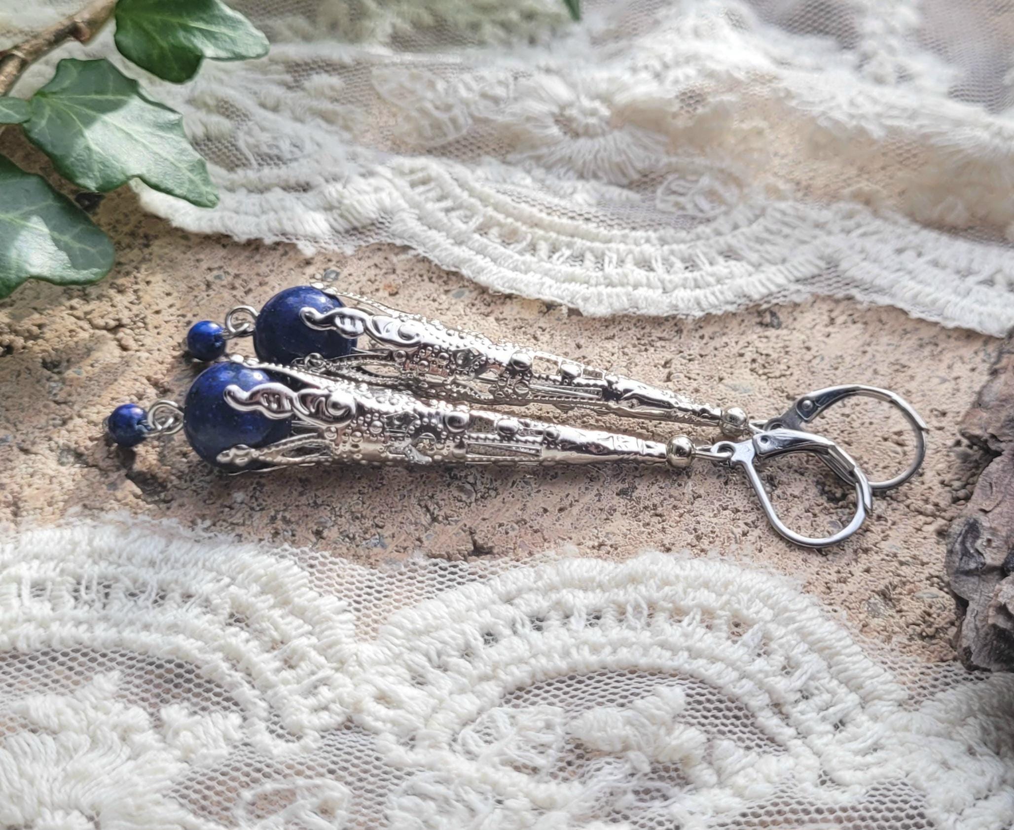 Boucles D'oreilles En Argent 925 Or Avec Jade Violet, Perles Et Grenat - Modèle Aght 0688
