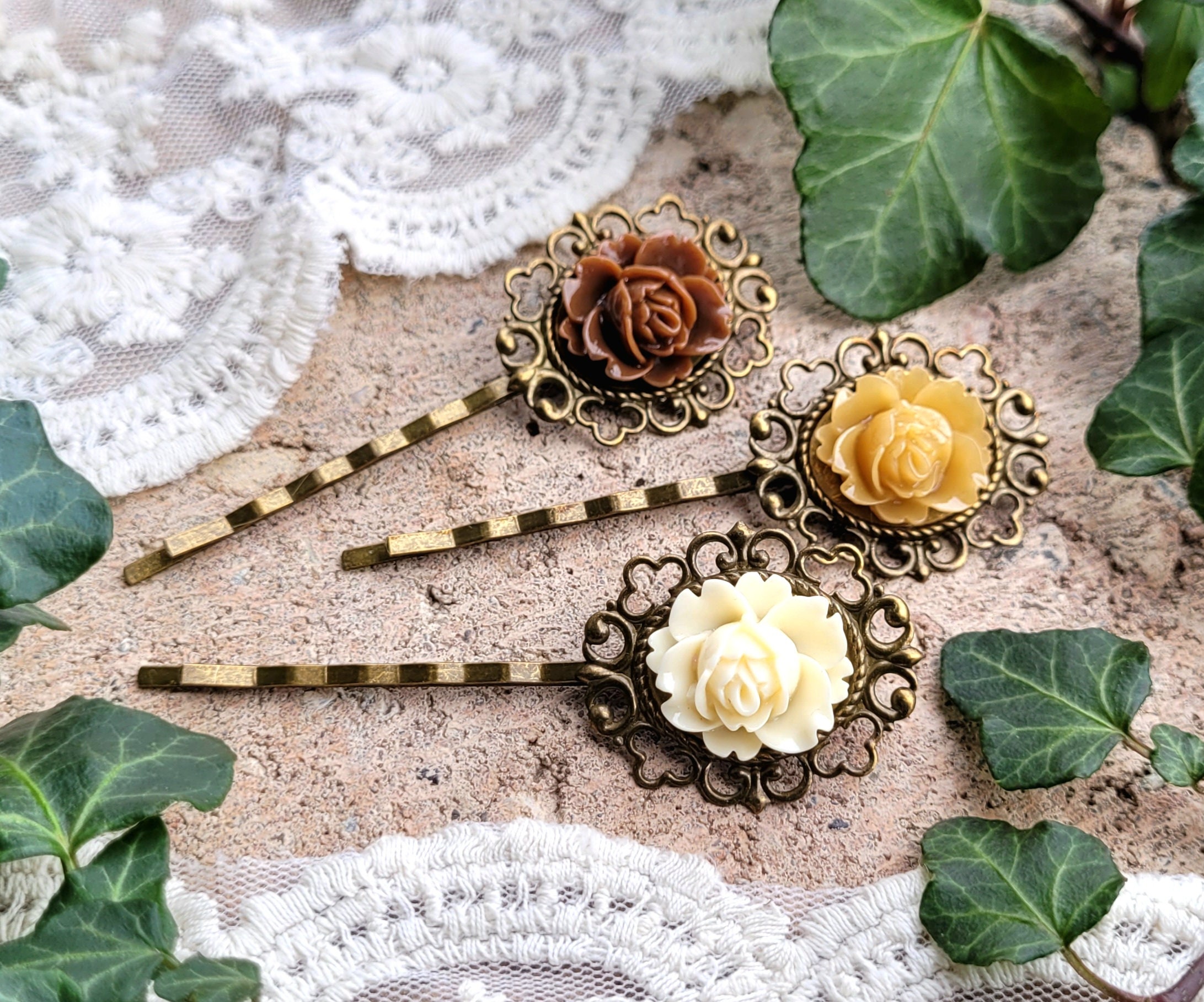 Hair Pin Hair Jewelry Antique Gold Heart Bee Romantic Vintage Cottage Floral Brass Honeycomb Hair Pin: Boho Wedding Hair Bun Accessory - Etsy main image 4