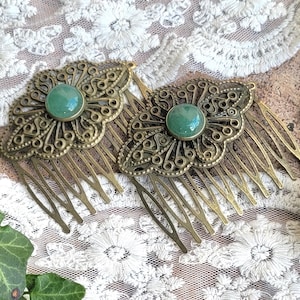 Back in stock! 10 colors! Set of 2 hair combs made of brass in bronze with semi-precious stones, hair jewelry, hair accessories, gift for women