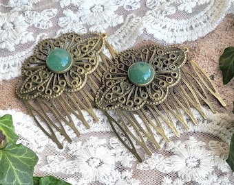 Wieder auf Lager! 10 Farben! 2er Set Haarkämme aus Messing in Bronze mit Halbedelsteinen, Haarschmuck, Haaraccessoires, Geschenk für Frauen