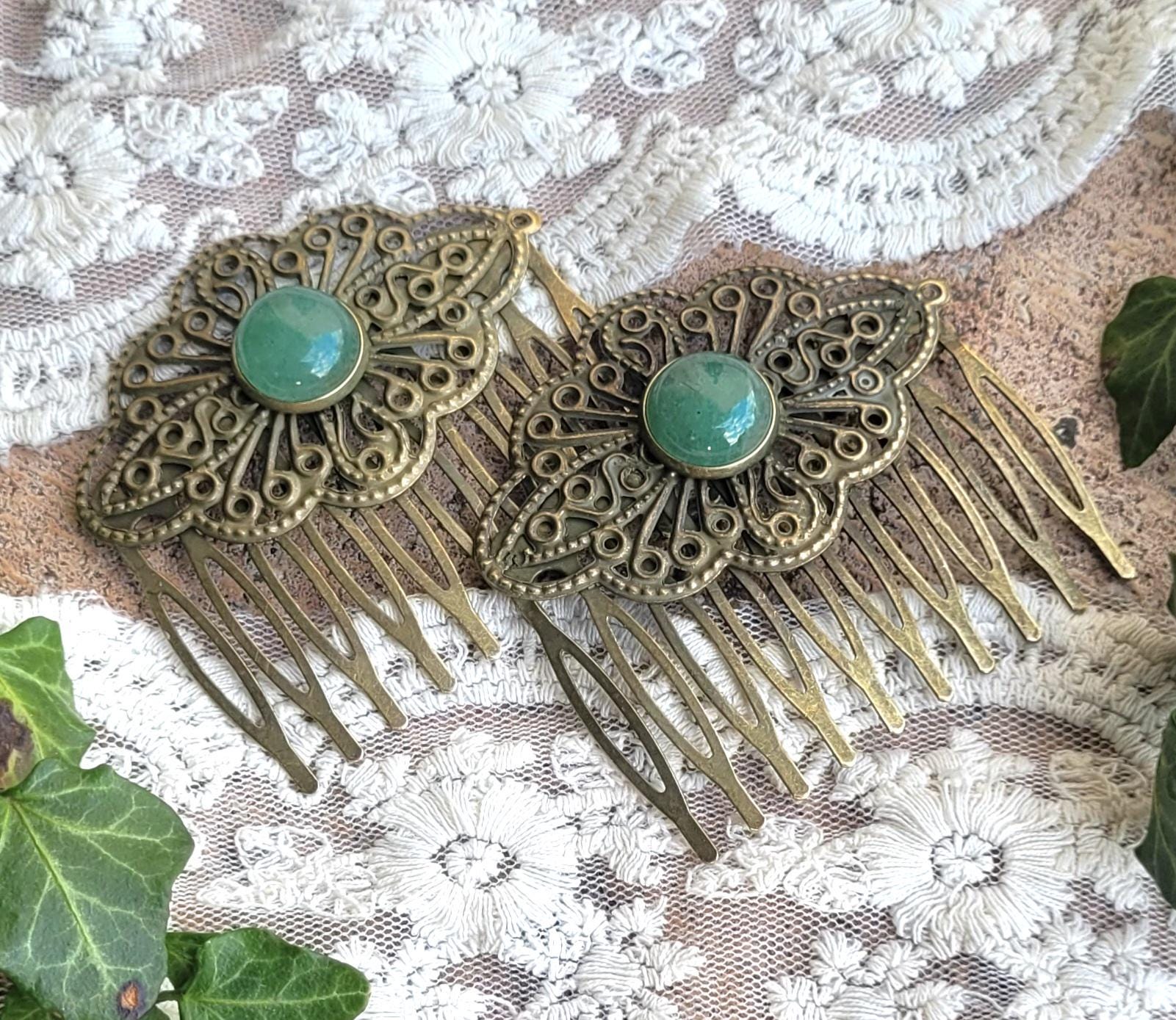19 Colors! Set of 2 Brass Hair Combs in Bronze With Semi 