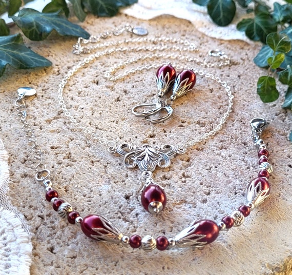 Paxuan - Set Di Gioielli Da Sposa In Cristallo Rosso Placcato Oro - Collana, Orecchini, Bracciale, Fermagli E Pochette - Regalo Per Matrimonio, Cerimonia