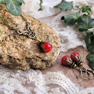 2 variaciones de color Conjunto de joyería vintage Flor de Jade en verde o rojo imagen 10