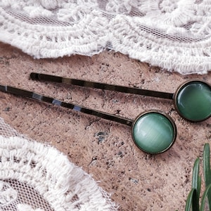 10 colors! 2 hair clips in antique bronze with cat-eye cabochon, hair accessories, hairpins, gifts for women, girlfriends, sisters