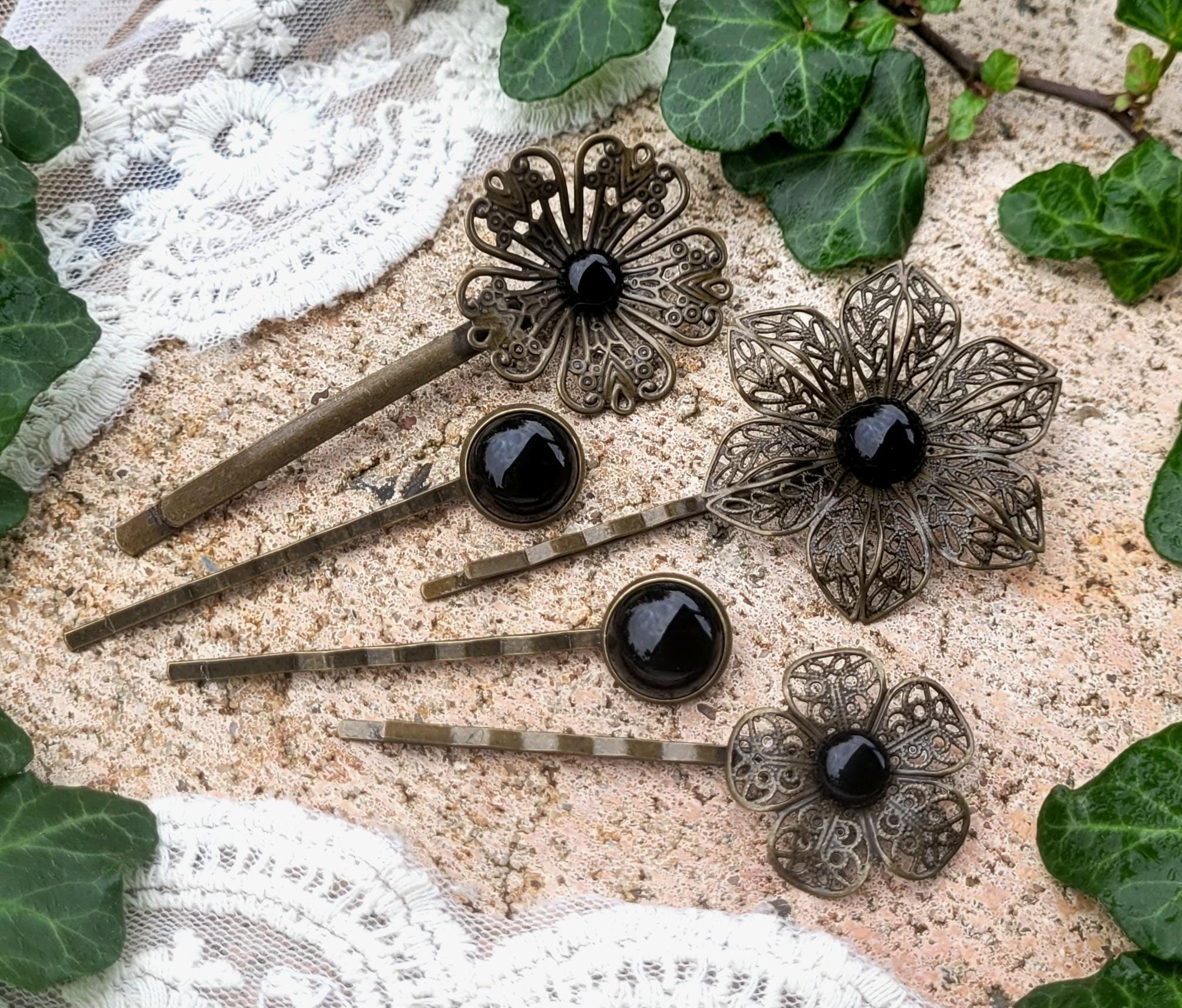 Vintage hair clips with semi-precious stone "BLACK AGATE" hair accessories gift for women girlfriend sister daughter for Christmas birthday