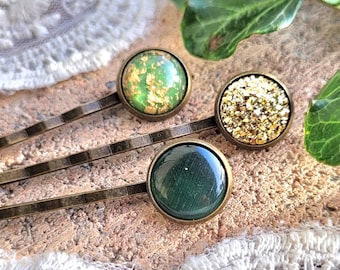 3 hair clips "Green & Gold"