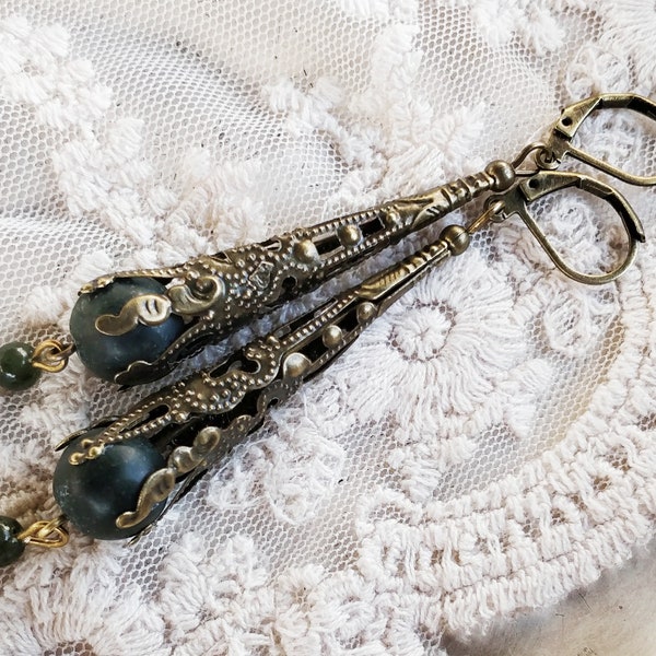 10 Colors! Long Bronze Earrings with Semi-Precious Stones, Gift for Women, Girlfriend, Sister, Daughter for Birthdays, Anniversaries, Christmas