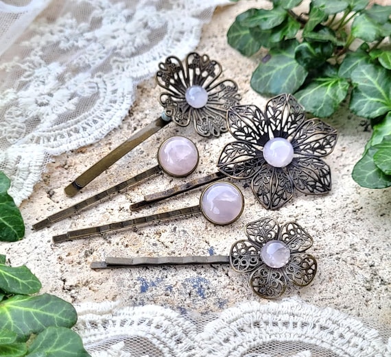 Vintage Hair Clips With Semi-precious Stone ROSE QUARTZ  display picture 1