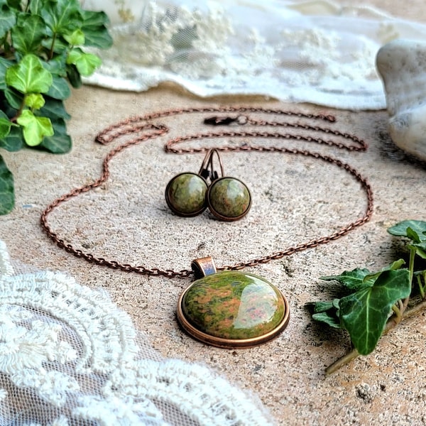 Schmuckset mit Edelstein "UNAKITE-STEIN" im Kupferlook