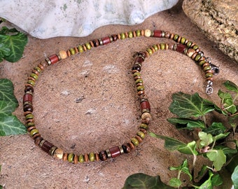 Pearl necklace "JOON" made of wooden beads with earthy tones, metal beads in antique bronze and gemstone beads "Yellow Jasper"