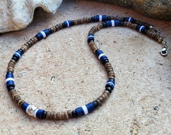 Colar de surfista SILAS feito de contas de coco e contas de vinil africanas, colar masculino, joias masculinas, presente para homens, pai, filho, irmão, amigo