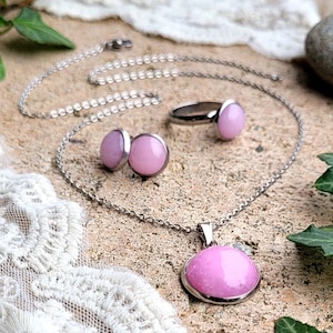 Edelstahl-Schmuckset mit Halbedelstein Jade in rosa Bild 1