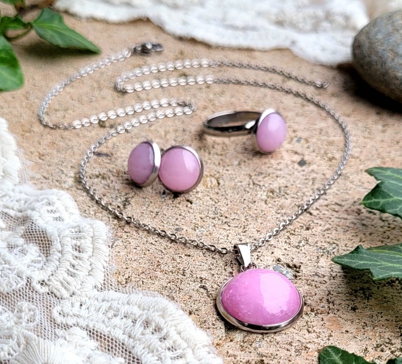 Edelstahl-Schmuckset mit Halbedelstein Jade in rosa Bild 1