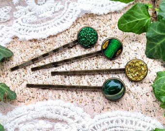 グリーンとゴールドのトーンのヘアクリップセット、ヘアジュエリー