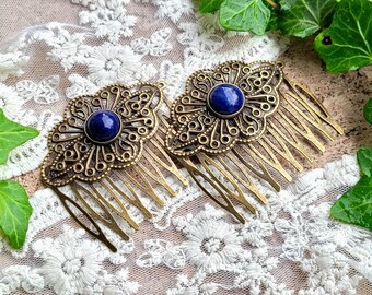 Set of 2 Brass Hair Combs With Lapis Lazuli Semi-precious  display picture 1