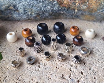 Hair beads, beard beads, large hole beads in a set consisting of wooden and metal beads in silver color, hair accessories, beard accessories