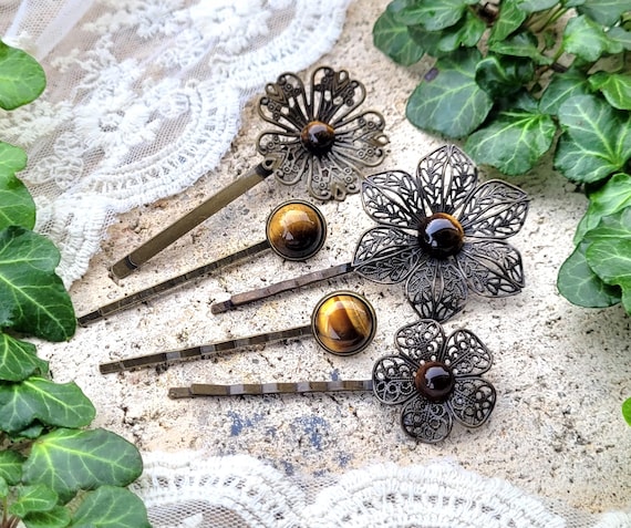 Vintage Hair Clips With Semi-precious Stone TIGER EYE, Hair  display picture 1