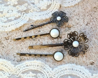 8 color variations! Set of 4 vintage hair clips with ceramic cabochons