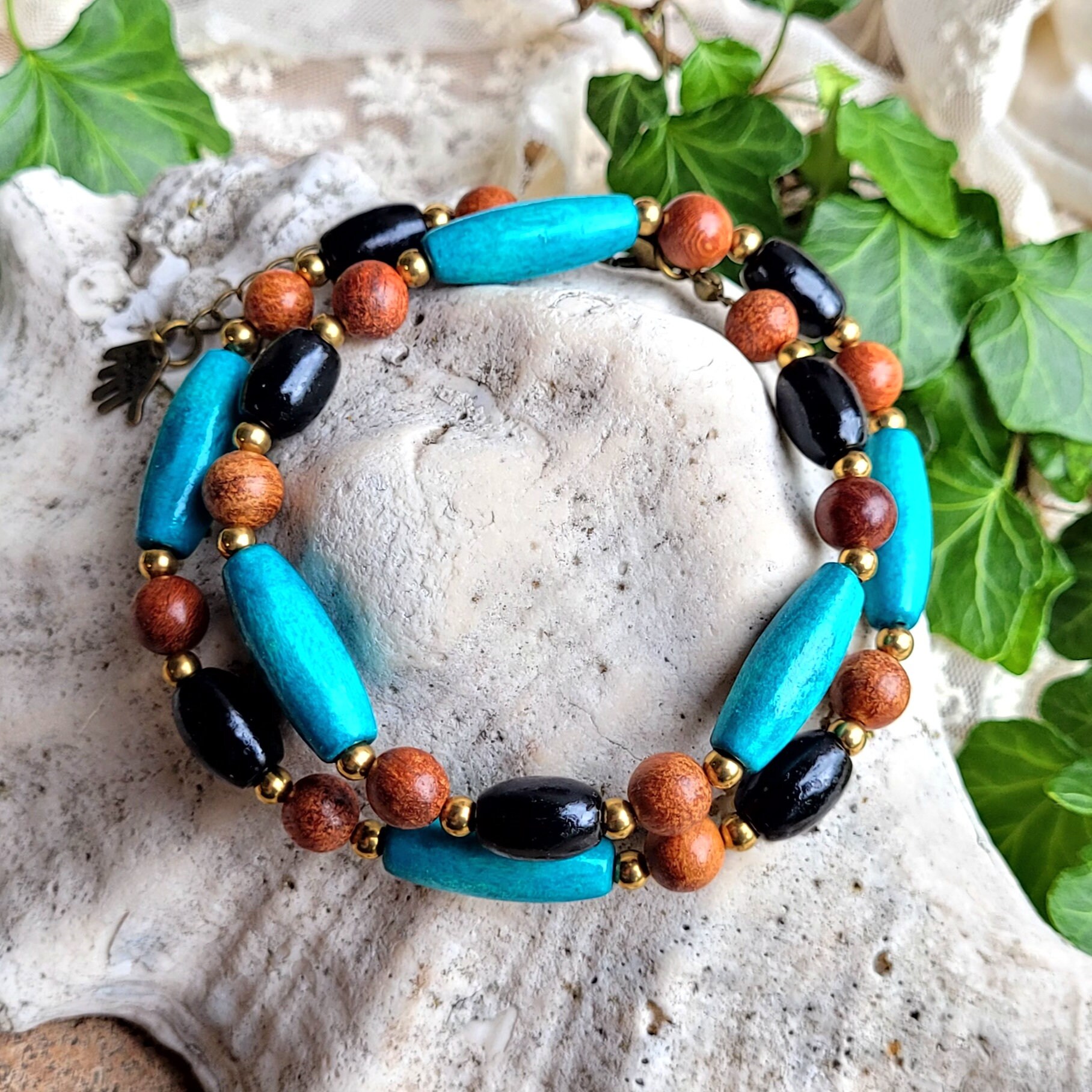 Collier Perles Bois Bleu Et Résine Dorée - Bijou Vintage, Parfait état - Modèle S&C 3231