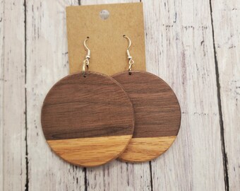 Two-Tone Walnut & Red Oak Earrings: Modern Wood Dangle Earrings